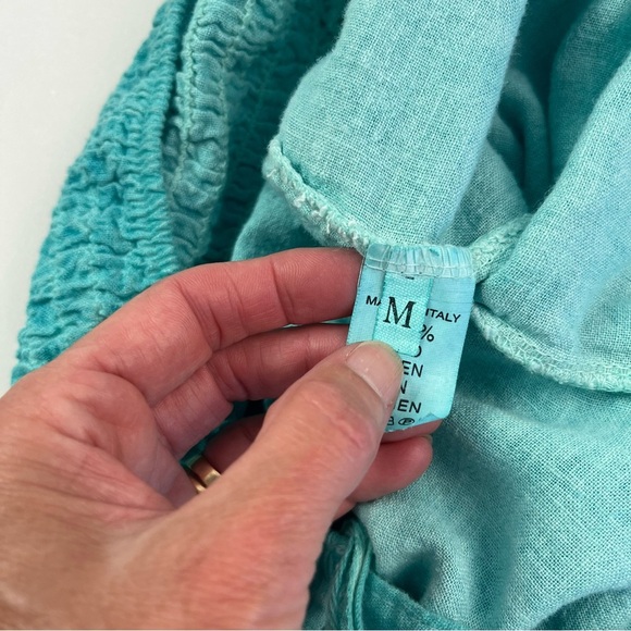 Made in Italy Linen Halter Jumpsuit Size M Wide Leg Open Back Teal Beachy Summer - Picture 4 of 13